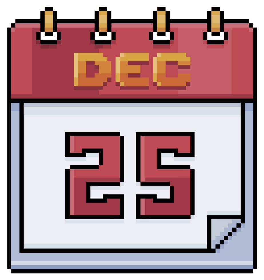 calendario de arte de píxeles con fecha del 25 de diciembre, icono de vector de día de Navidad para juego de 8 bits sobre fondo blanco