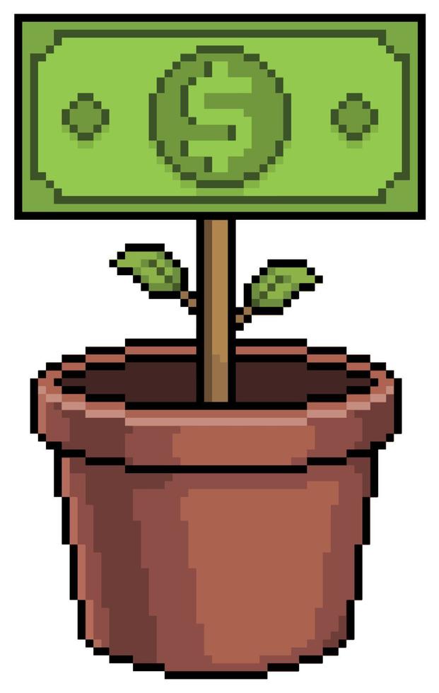 Pixel art vase with banknote plant, plant money vector icon for 8bit game on white background