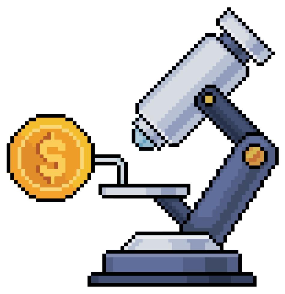 Pixel art microscope analyzing coin and money, investment analysis vector icon for 8bit game on white background