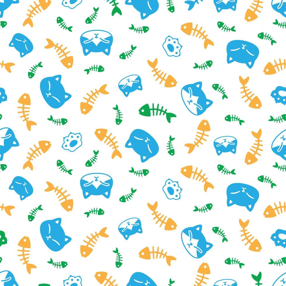 cat seamless pattern fish bone paw kitten footprint calico vector