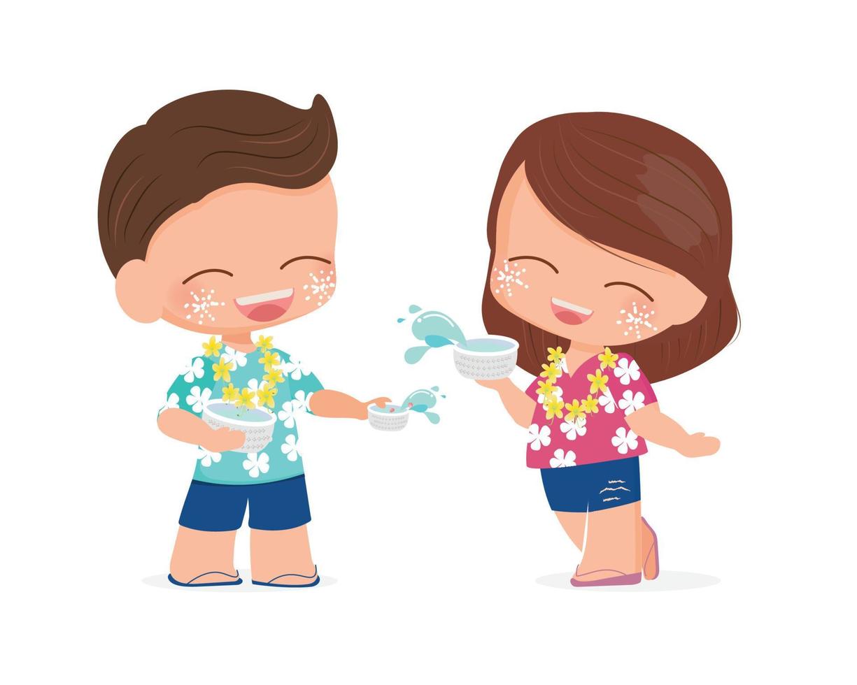 happy Thai couple enjoy Songkran festival water on white background isolated eps10 vectors illustration