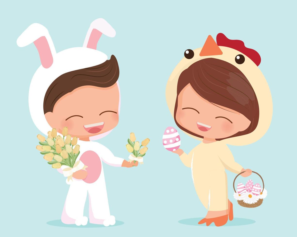 linda pareja joven de estilo plano feliz en traje de conejito de pascua y pollito ilustración de vectores eps10