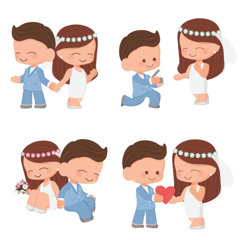 Linda pareja de boda de dibujos animados en traje azul y colección de vestidos sobre fondo blanco aislado eps10 ilustración vectorial vector