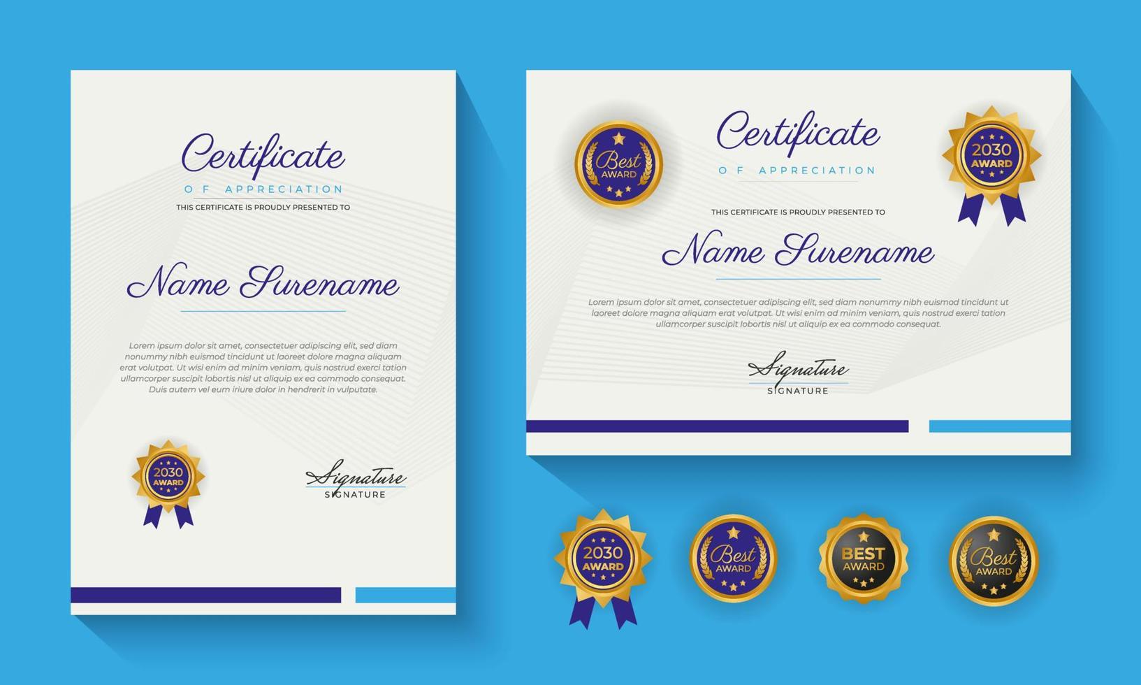 modern blue certificate of achievement or certification of appreciation template design vector