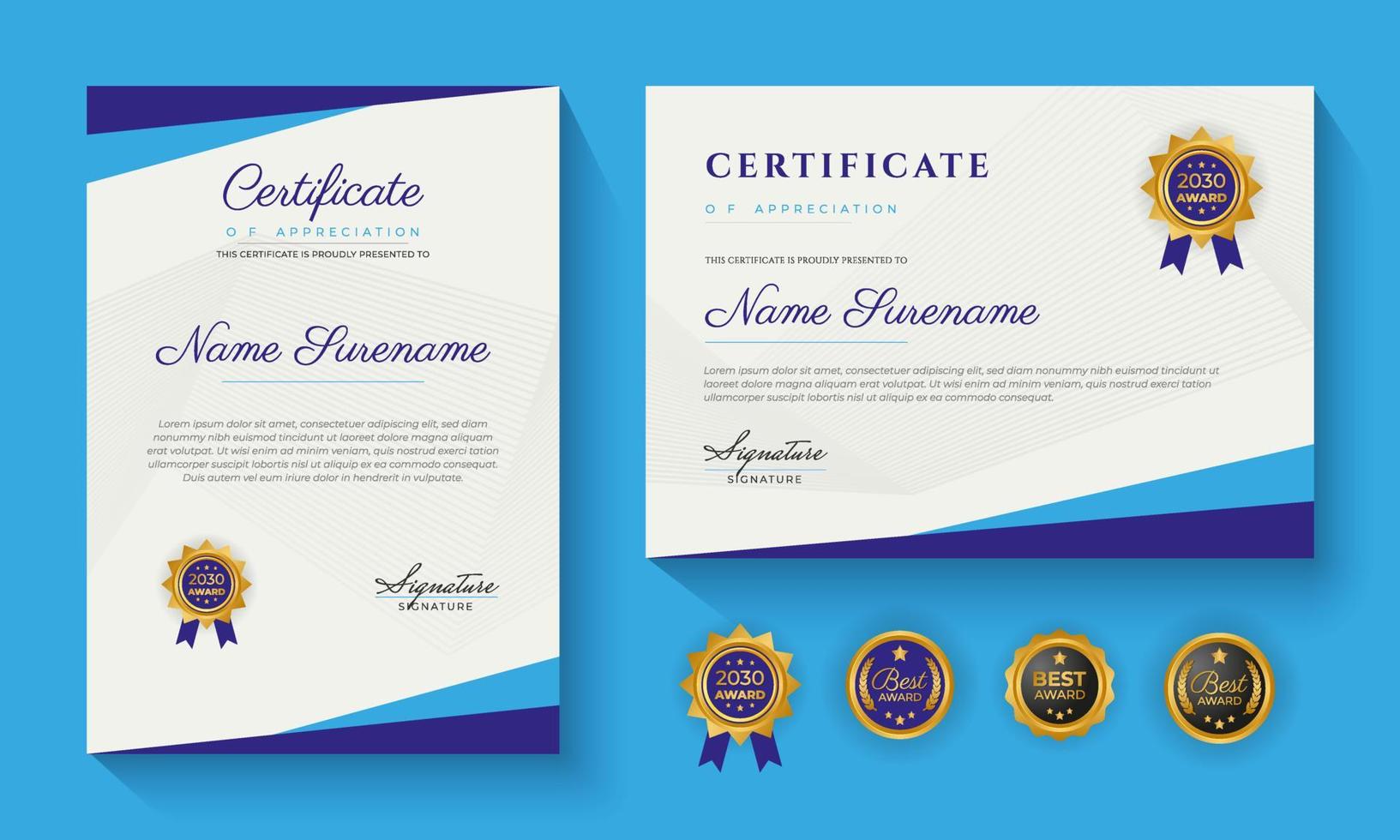 modern blue certificate of achievement or certification of appreciation template design vector