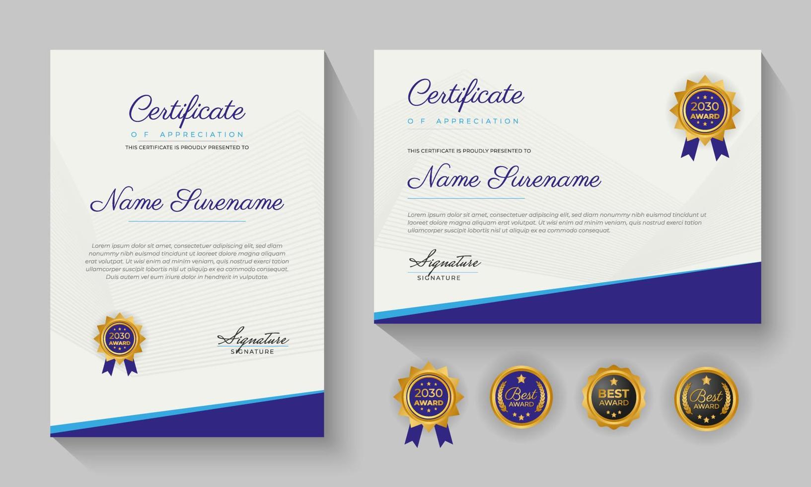 modern blue certificate of achievement or certification of appreciation template design vector