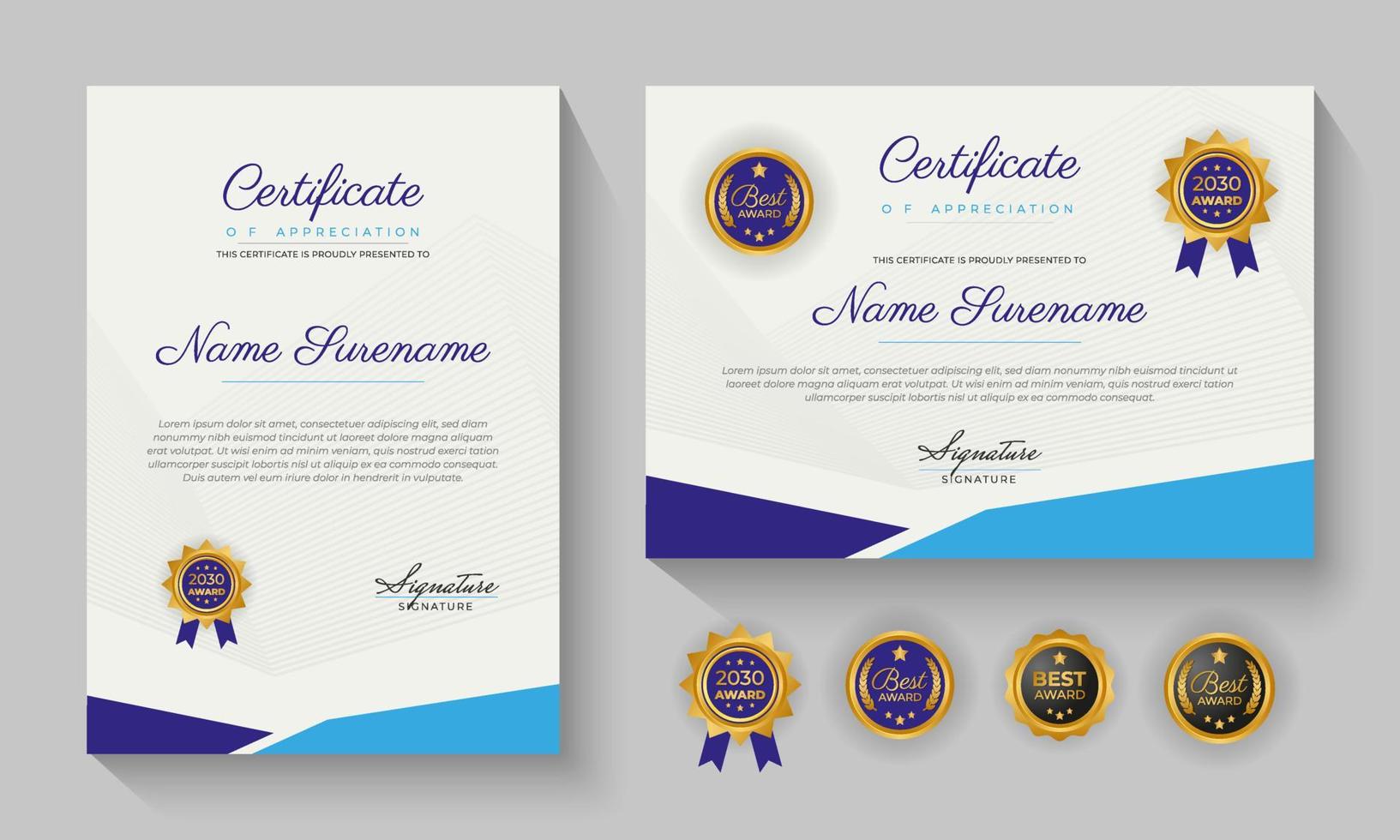 certificado azul moderno de logro o certificación de diseño de plantilla de reconocimiento vector