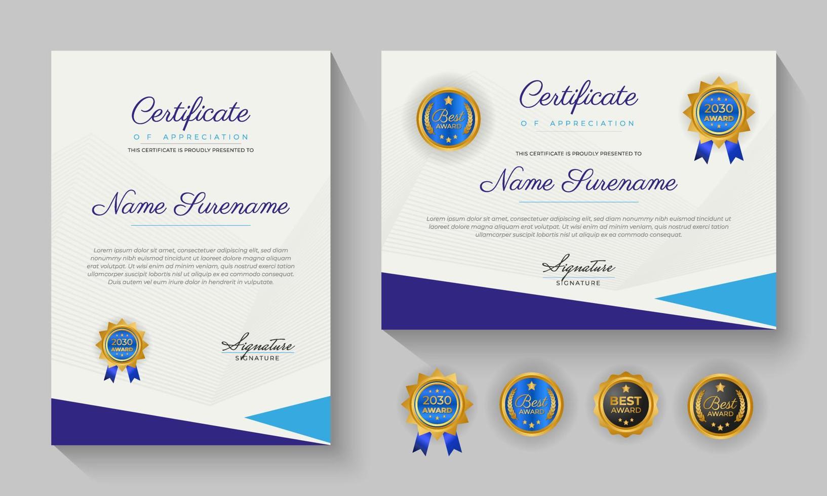 modern blue certificate of achievement or certification of appreciation template design vector