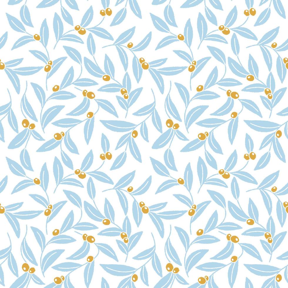 Seamless pattern with golden olives branch and blue leaves hand drawn pastel colors vector illustration