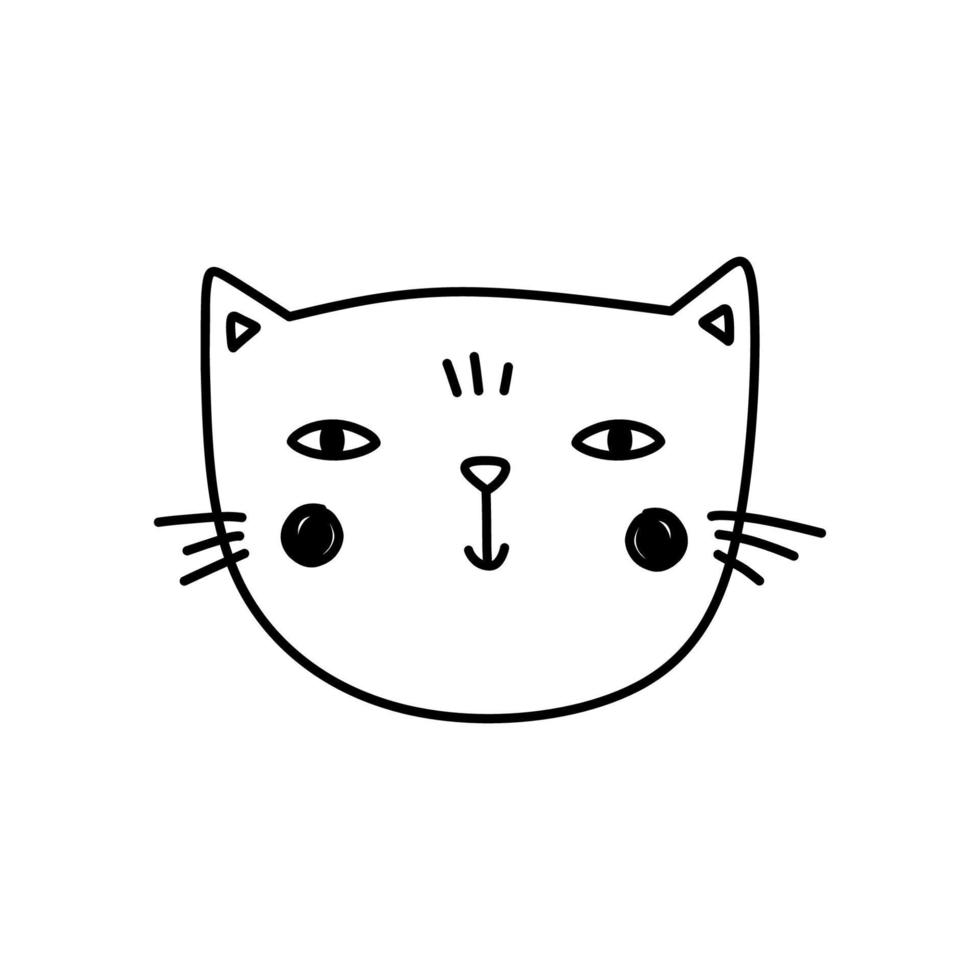 Cute cat face isolated on white background. Smiling kitten. Vector hand-drawn illustration in doodle style. Perfect for decorations, cards, logo, various designs. Simple cartoon character.