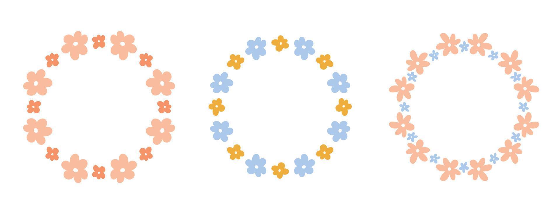 Set of cute floral wreaths with tiny flowers isolated on white background. Vector hand-drawn flat illustration. Perfect for cards, invitations, decorations, logo, various designs.