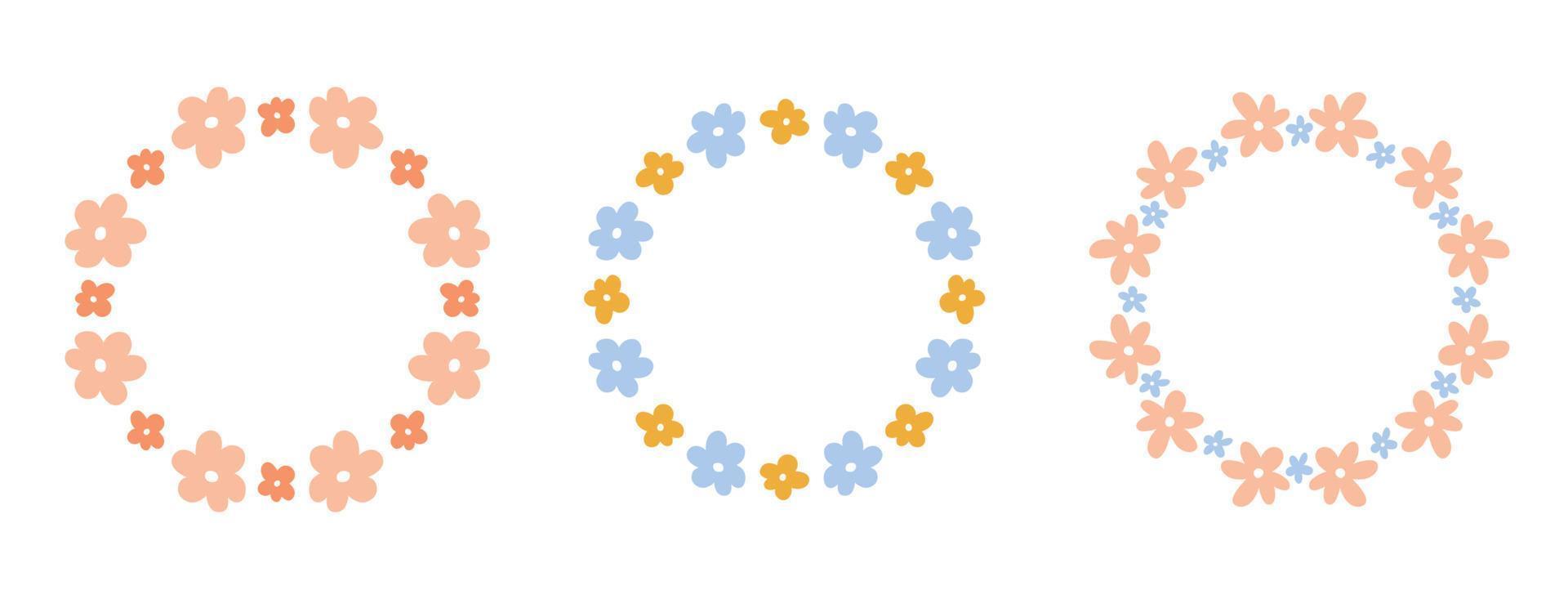 Set of cute floral wreaths with tiny flowers isolated on white background. Vector hand-drawn flat illustration. Perfect for cards, invitations, decorations, logo, various designs.