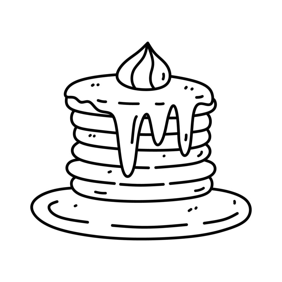 lindos panqueques con jarabe y crema aislado sobre fondo blanco. ilustración vectorial dibujada a mano en estilo garabato. perfecto para tarjetas, decoraciones, logo, menú. vector
