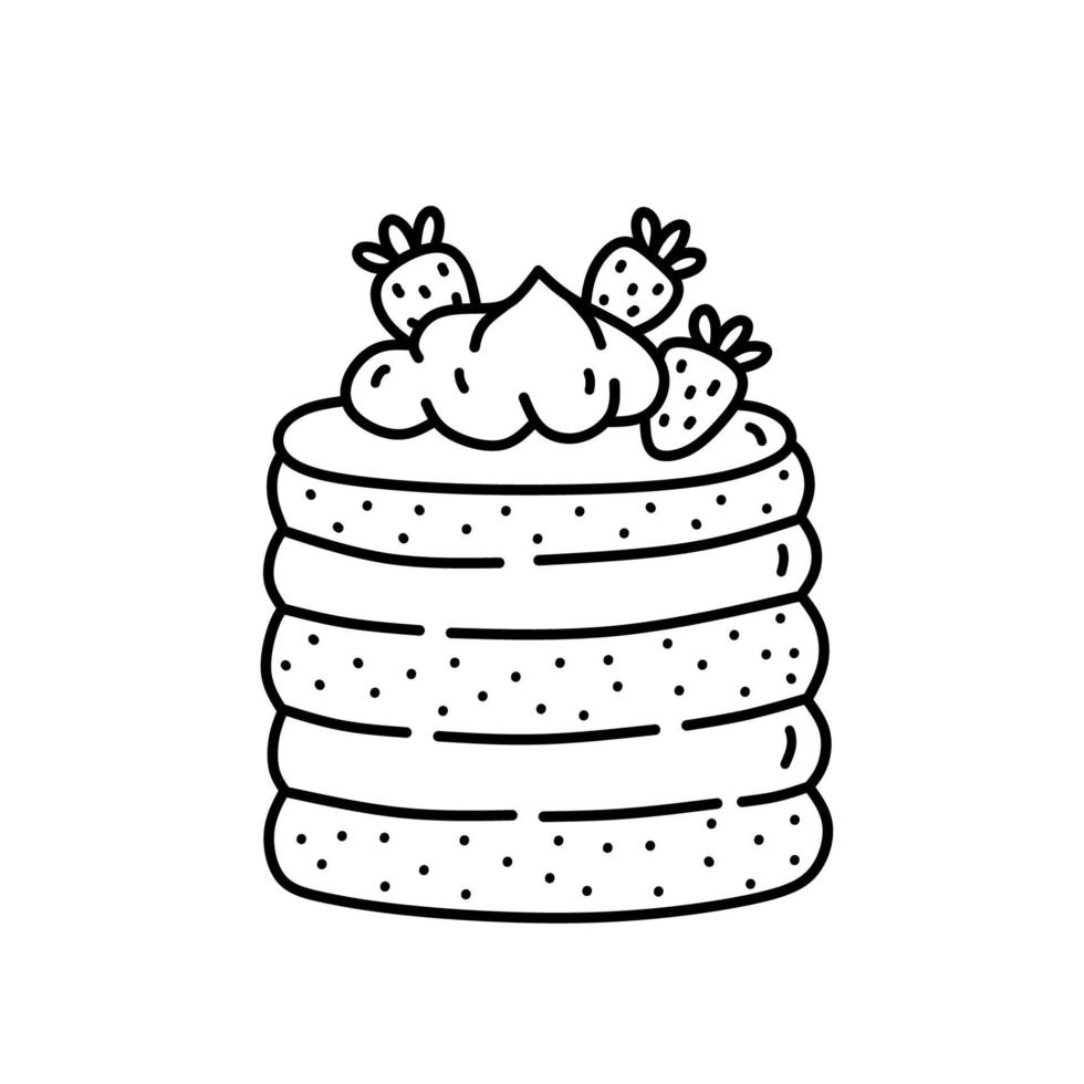 Piece of strawberry cake isolated on white background. Cute dessert decorated with berries. Vector hand-drawn illustration in doodle style. Perfect for holiday designs, cards, decorations, logo, menu.