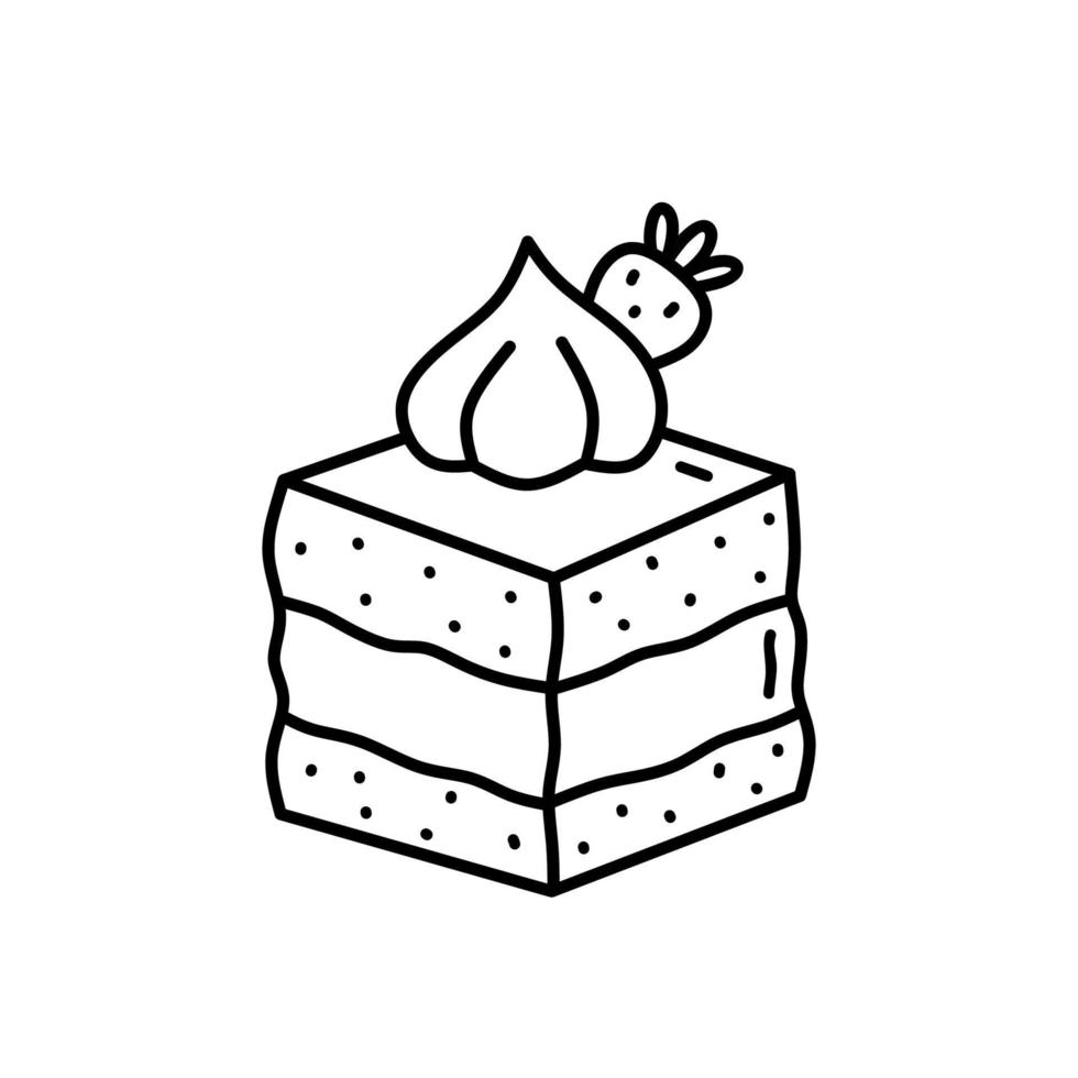 Piece of strawberry cake isolated on white background. Cute dessert decorated with berries. Vector hand-drawn illustration in doodle style. Perfect for holiday designs, cards, decorations, logo, menu.