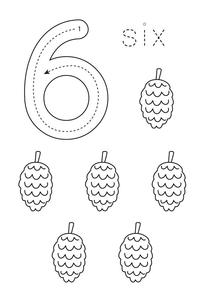 Flashcard number 6. Preschool worksheet. Black and white pine cones. vector