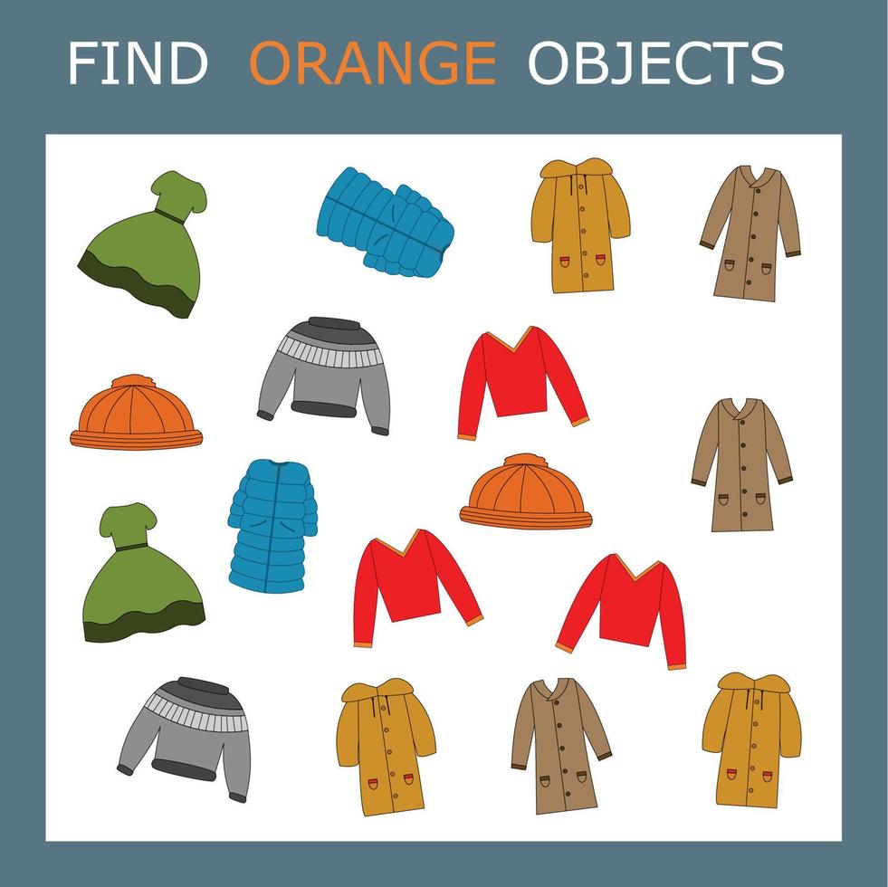 encuentra el personaje de ropa naranja entre otros. buscando naranja. juego de lógica para niños. vector