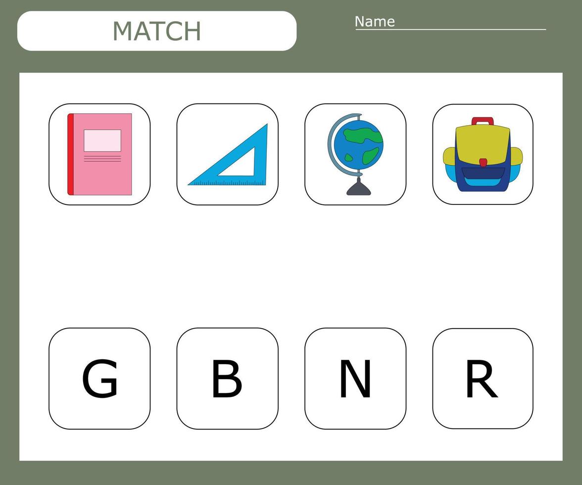 Find the first letter of the school supplies and connect. Educational game for children. vector