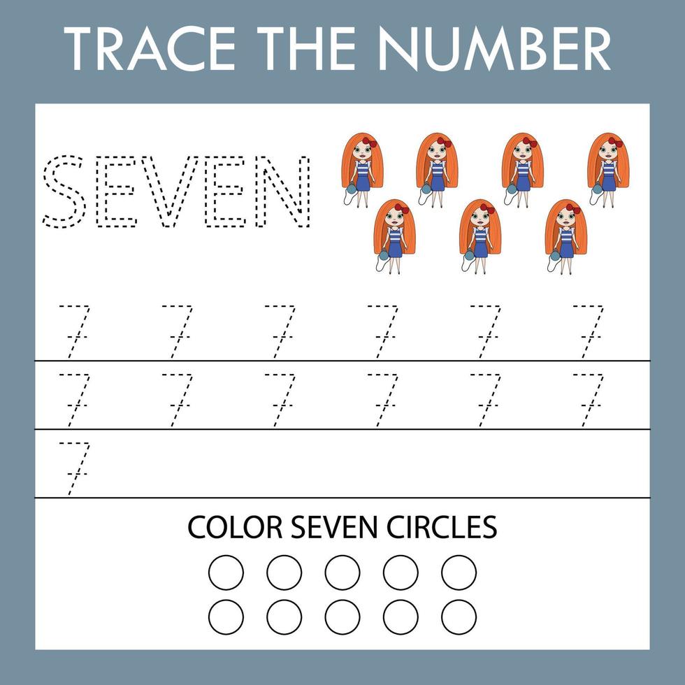 A game of tracing the outlines of the number seven  with  dolls. Preschool worksheet, kids activity sheet, printable worksheet vector