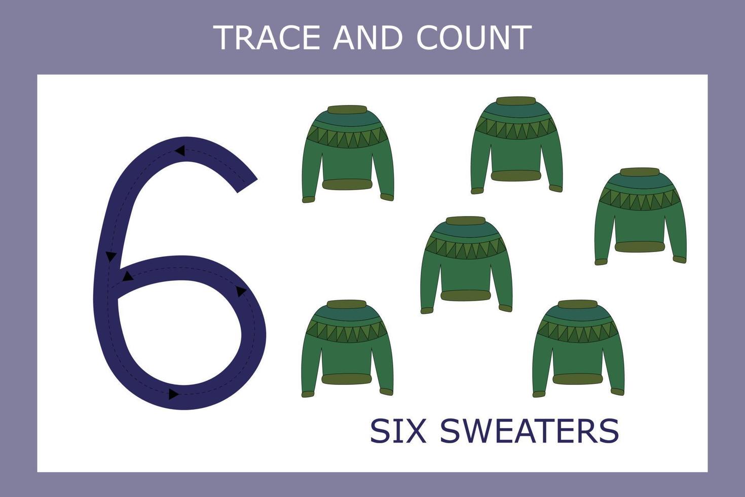 A game of tracing the outlines of the number six with  sweaters . Preschool worksheet, kids activity sheet, printable worksheet vector