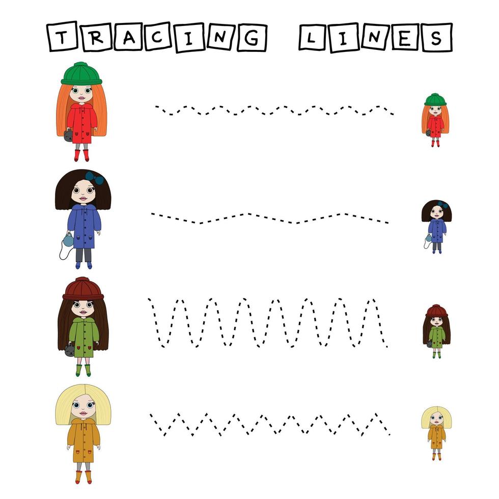 Tracing lines game with beauty dolls. Worksheet for preschool kids, kids activity sheet, printable worksheet vector