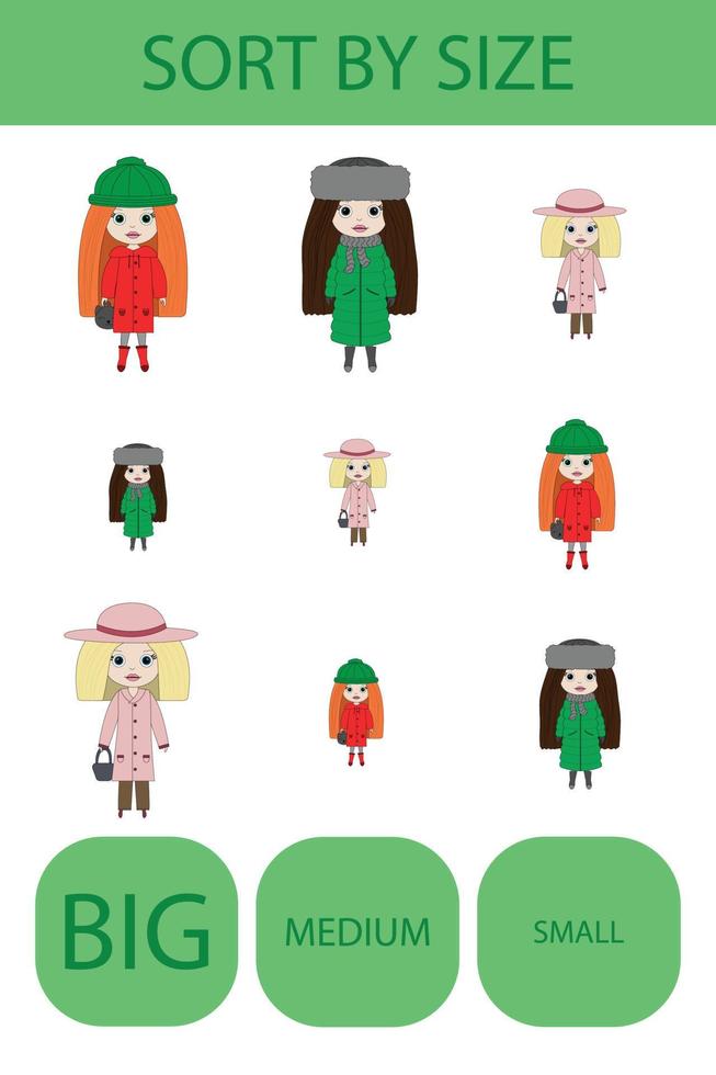 Match the girls by size large, medium and small. Children's educational game. vector