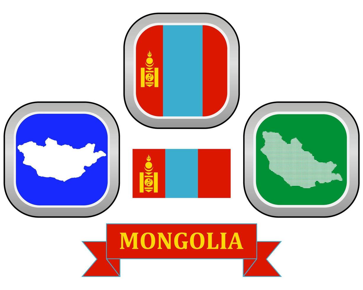 bandera de botón de mapa y símbolo del mapa de mongolia en un fondo blanco vector