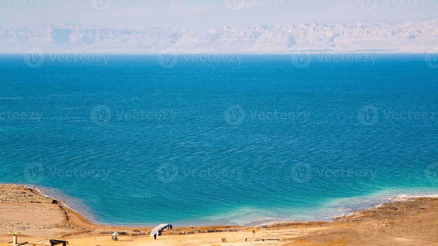 above view of beach of Dead Sea in Jordan photo