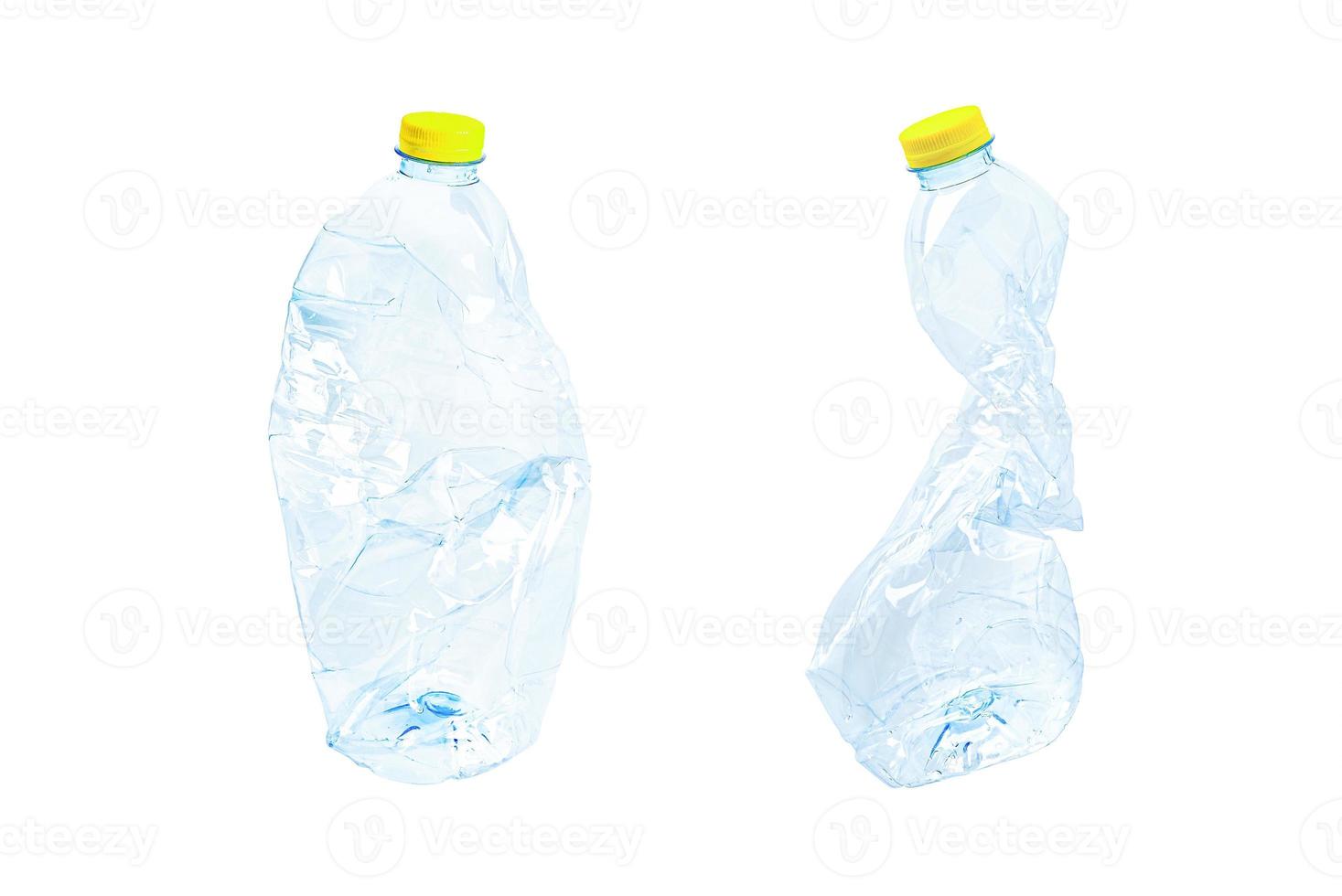 Plastic water bottle with empty crumpled used isolated on white background, reuse, recycle, pollution, environment, ecology, waste concept. photo