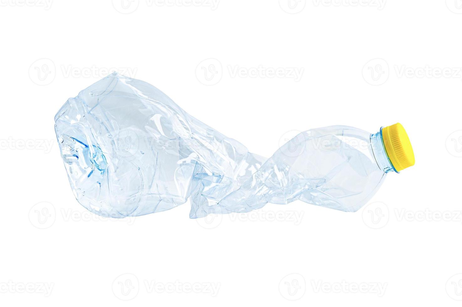 Plastic water bottle with empty crumpled used isolated on white background, reuse, recycle, pollution, environment, ecology, waste concept. photo