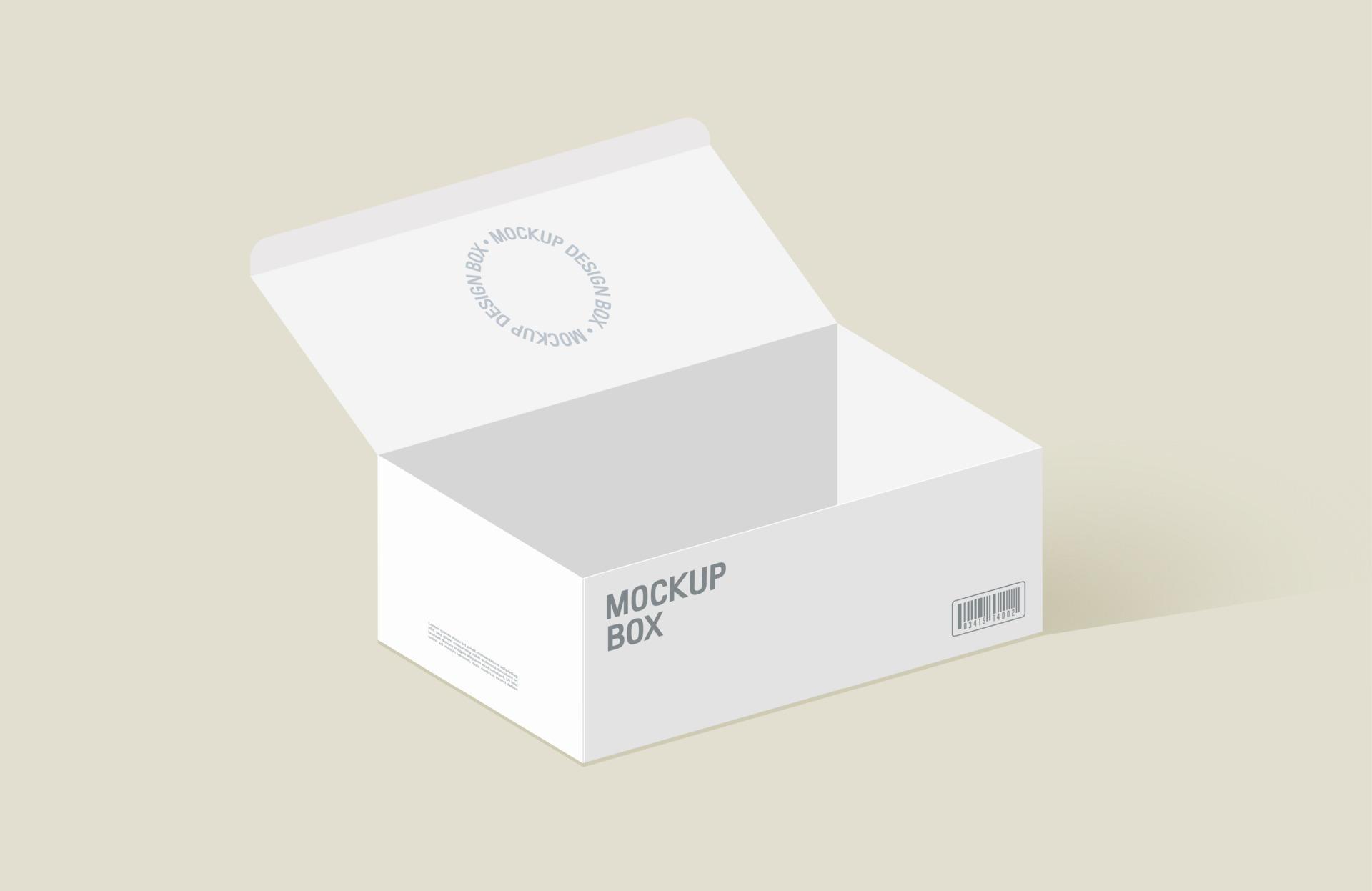 Realistic package box in white colors. Rectangle open box mock up