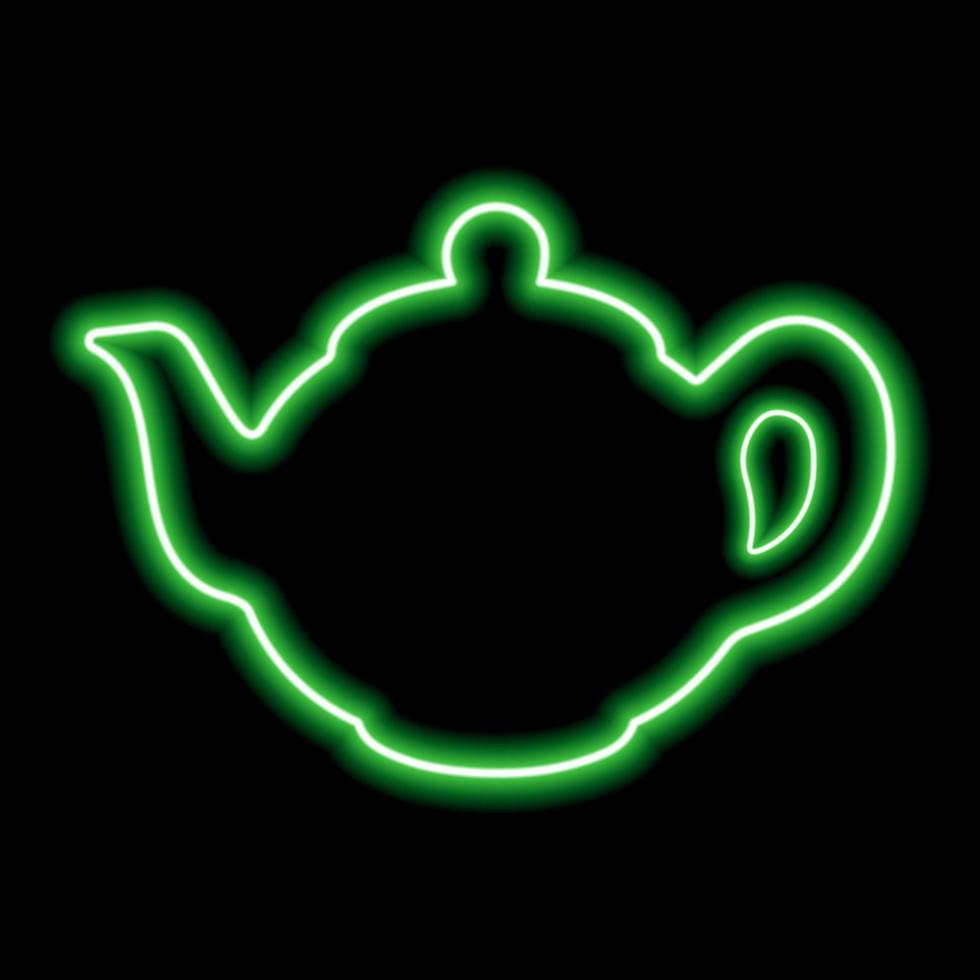 Green neon contour of the teapot. Simple illustration on black background. One object vector