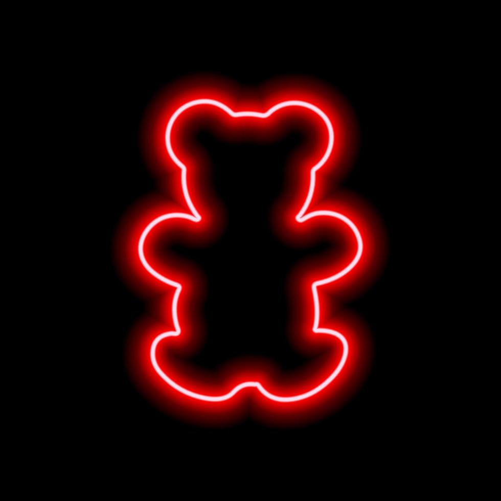 The outline of a neon red bear on a black background. Toy vector