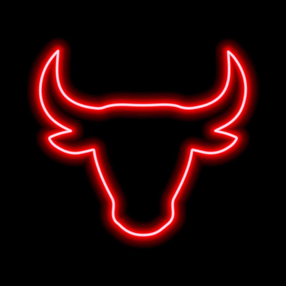The silhouette of the bull's head is red neon line on a black background vector