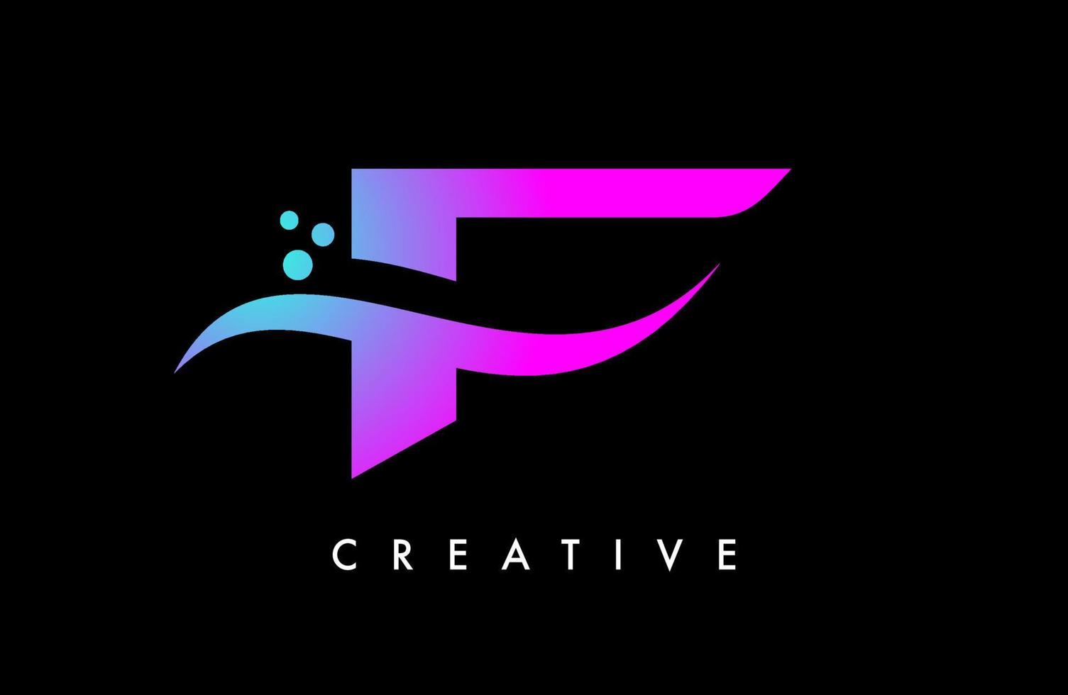diseño de logotipo de letra f azul púrpura con elegante swoosh creativo y vector de puntos