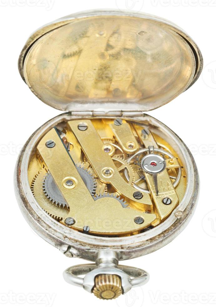 brass clockwork of retro silver pocket watch photo