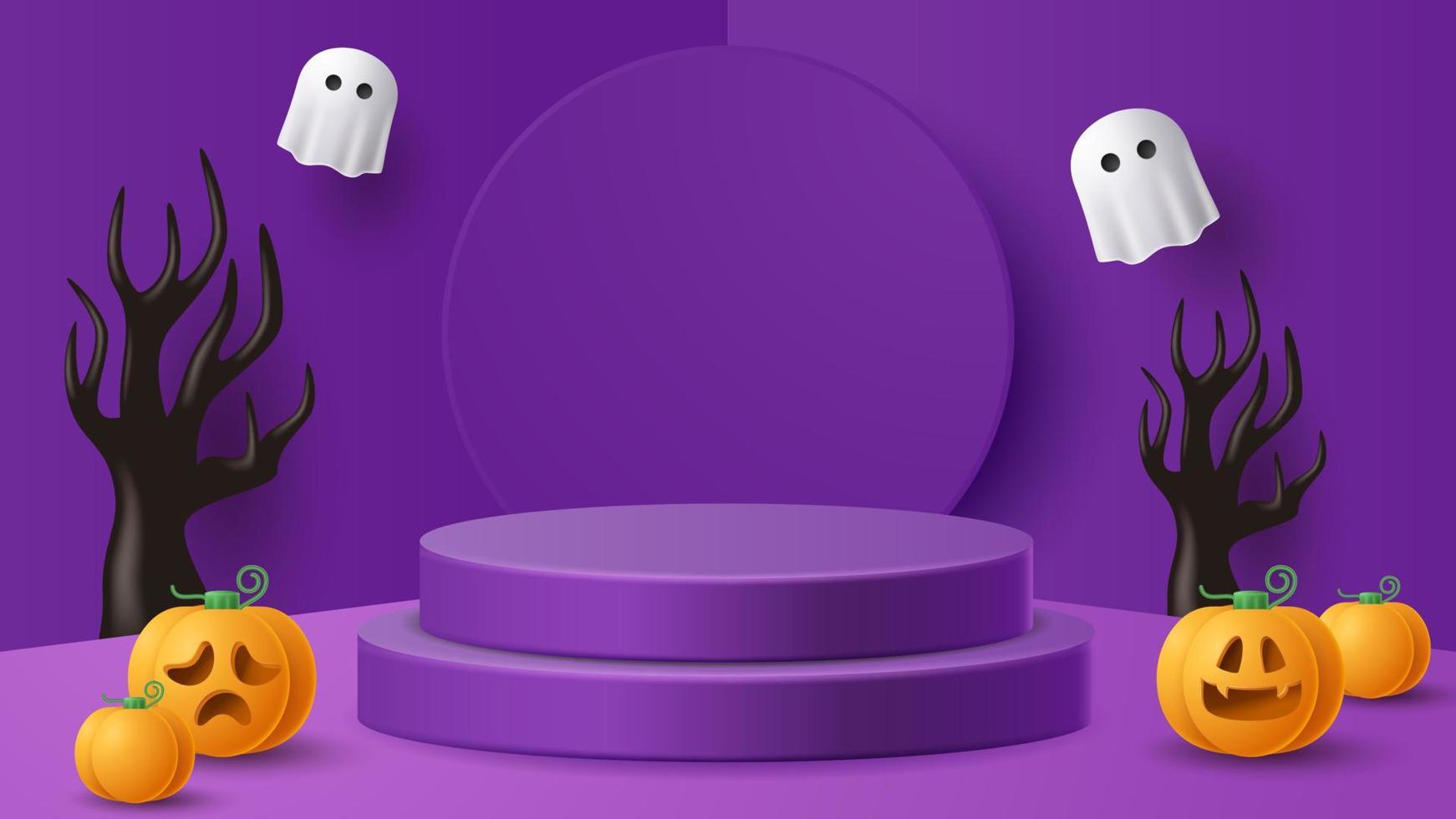 Halloween display podium decoration background with scary ornament. Vector 3D Illustration