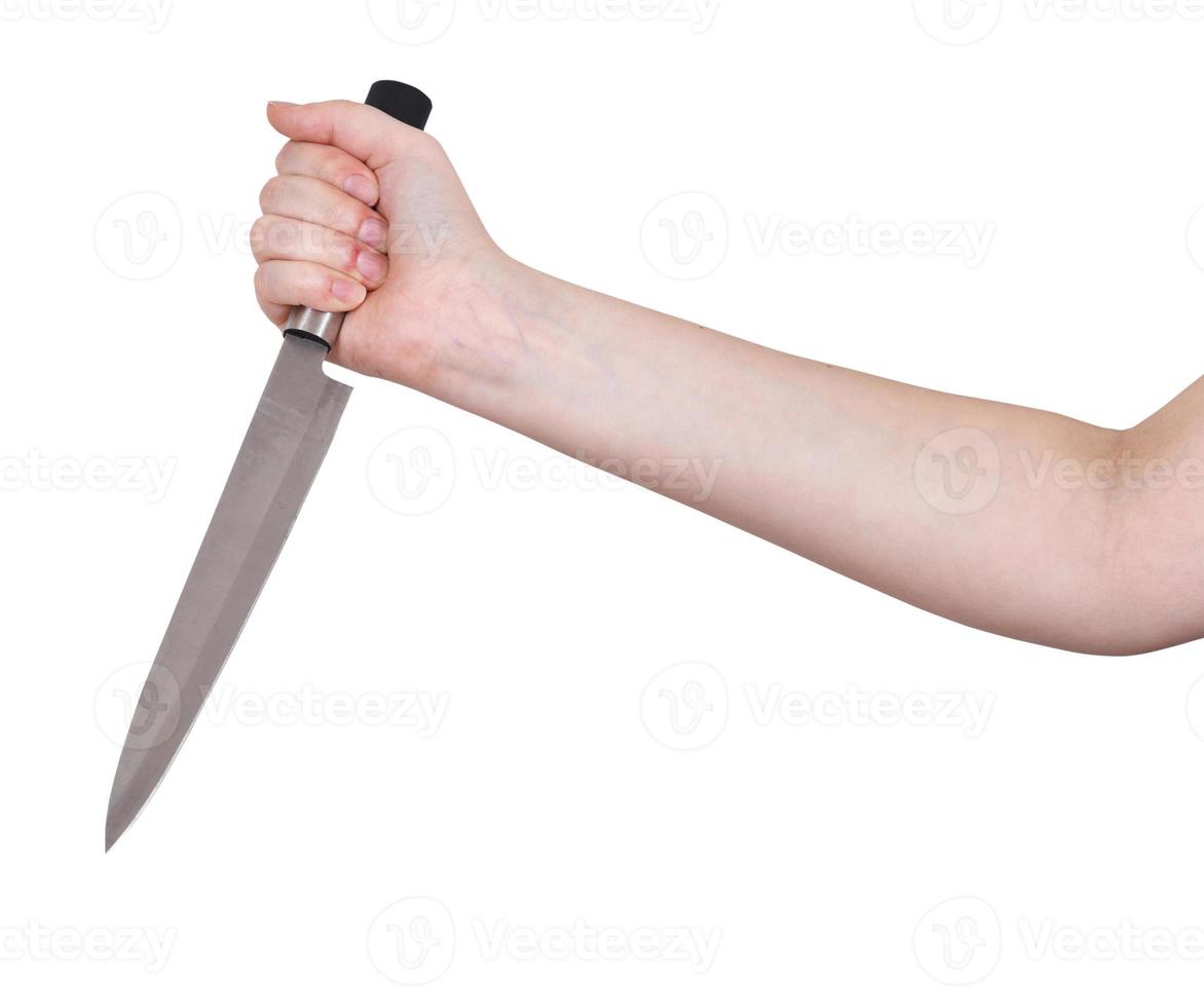 hand with kitchen knife isolated on white photo