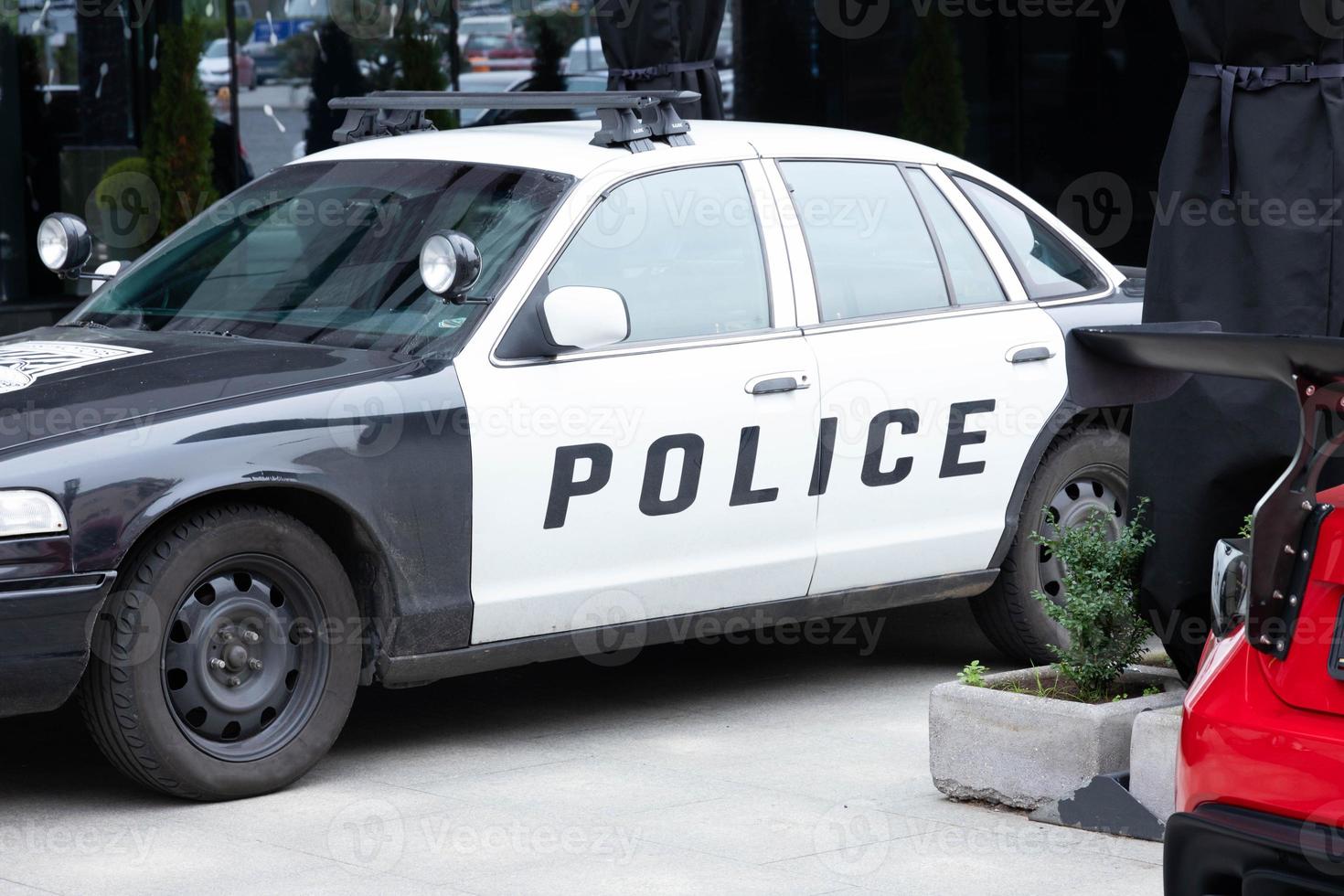 American police car in a modern city. photo