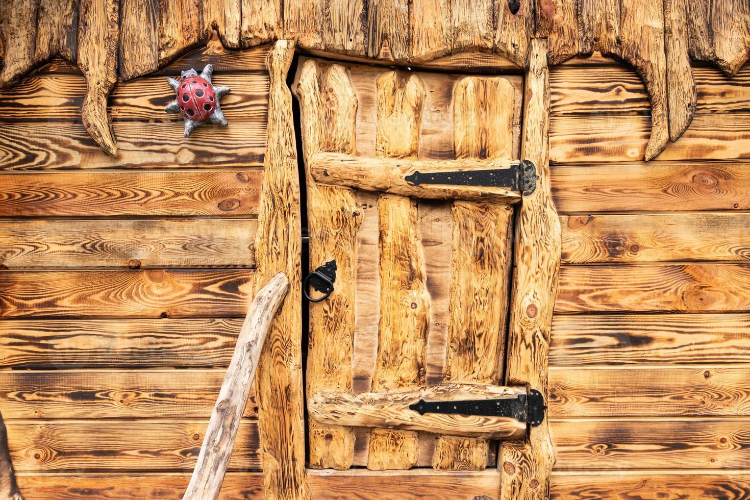 puerta de hadas de madera. hermoso fondo natural. puerta como elemento decorativo. casa de hadas primer plano, lugar para texto. foto