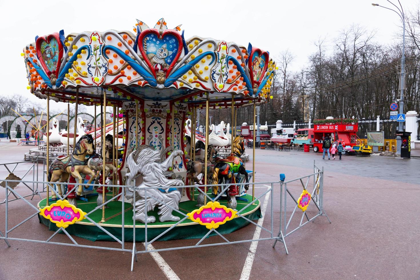 Moscow, Russia - January 02, 2021. View of the New Year's, winter fair, carousels, attractions. fun. photo