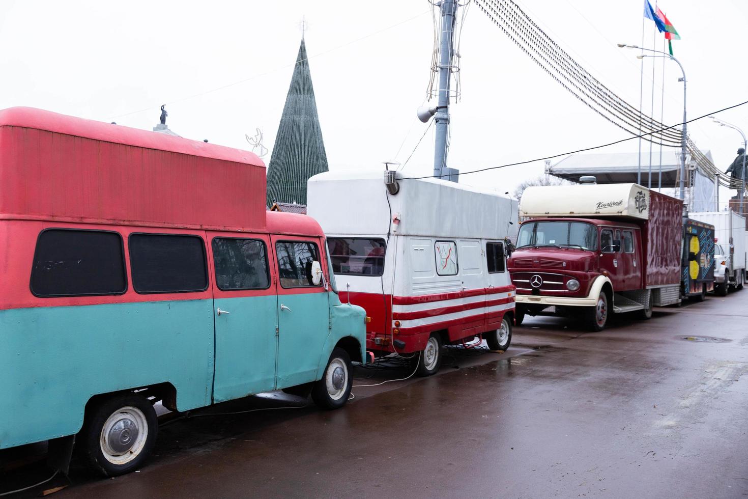 Moscow, Russia - February 15, 2021. Mercedes-Benz LA 322 old Fire engine red and shiny. Old classic retro car. Old timer type. Mercedes-Benz L 1113 4x4 fire truck, firefighter photo