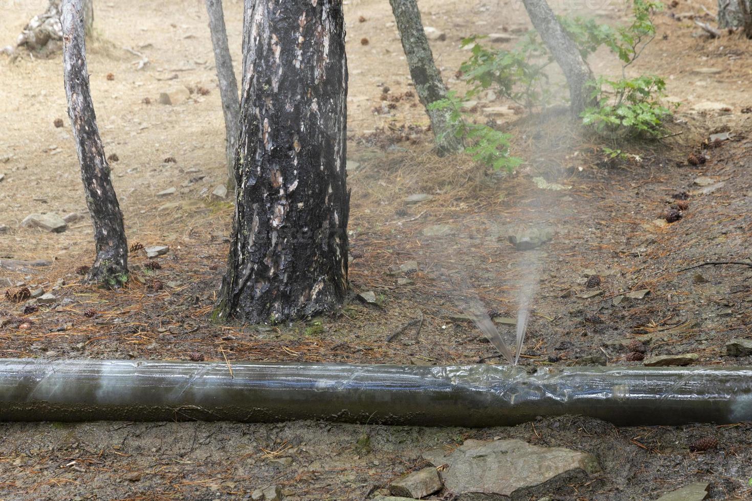 Leakage of drinking water from a damaged water pipe in a mountainous area. Spray and a jet of water under pressure escape from the pipe. photo