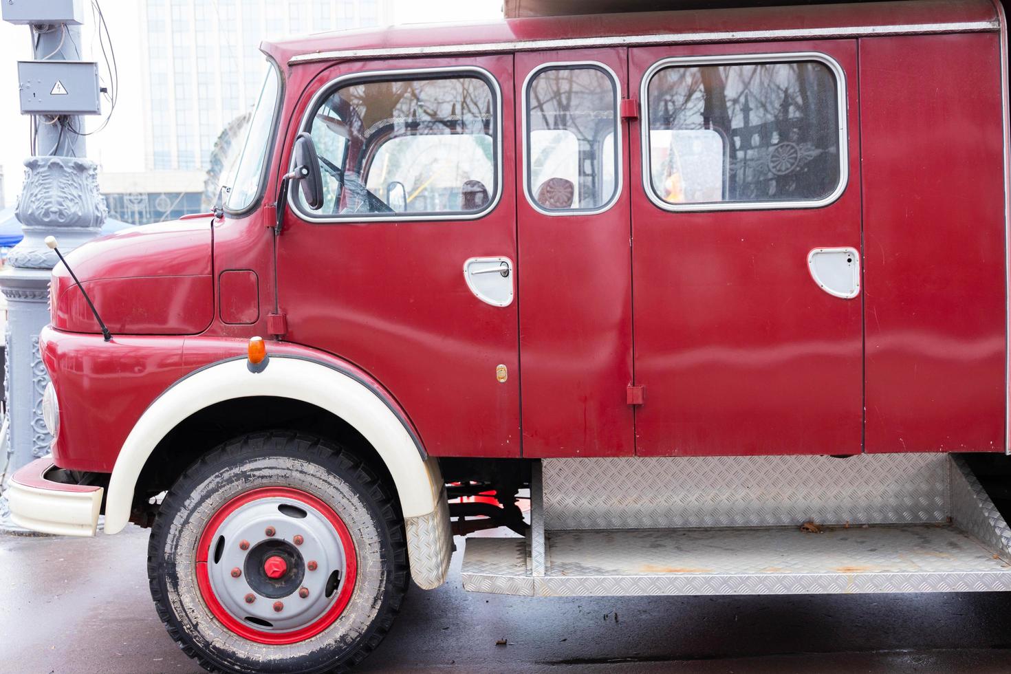 Moscow, Russia - February 15, 2021. Mercedes-Benz LA 322 old Fire engine red and shiny. Old classic retro car. Old timer type. Mercedes-Benz L 1113 4x4 fire truck, firefighter photo