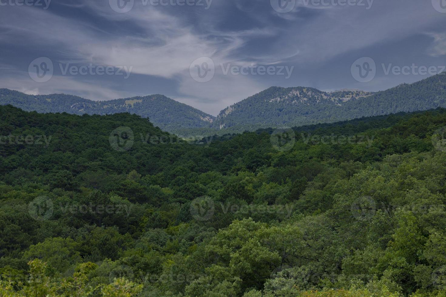 Landscape, mountain valley against the blue sky in the early morning. photo