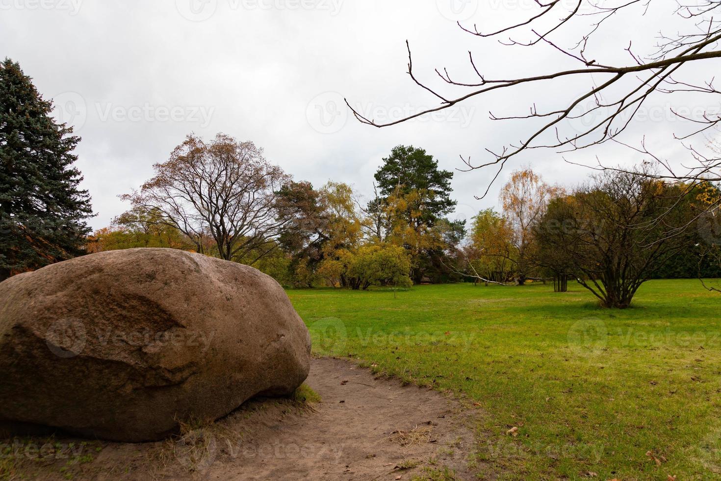 Large natural granite stone among green grass and trees. Scenery photo