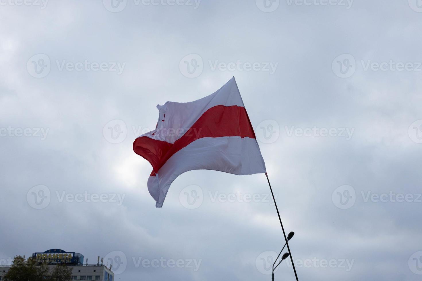 Peaceful protest in Minsk. Flag of Belarus. White red white photo