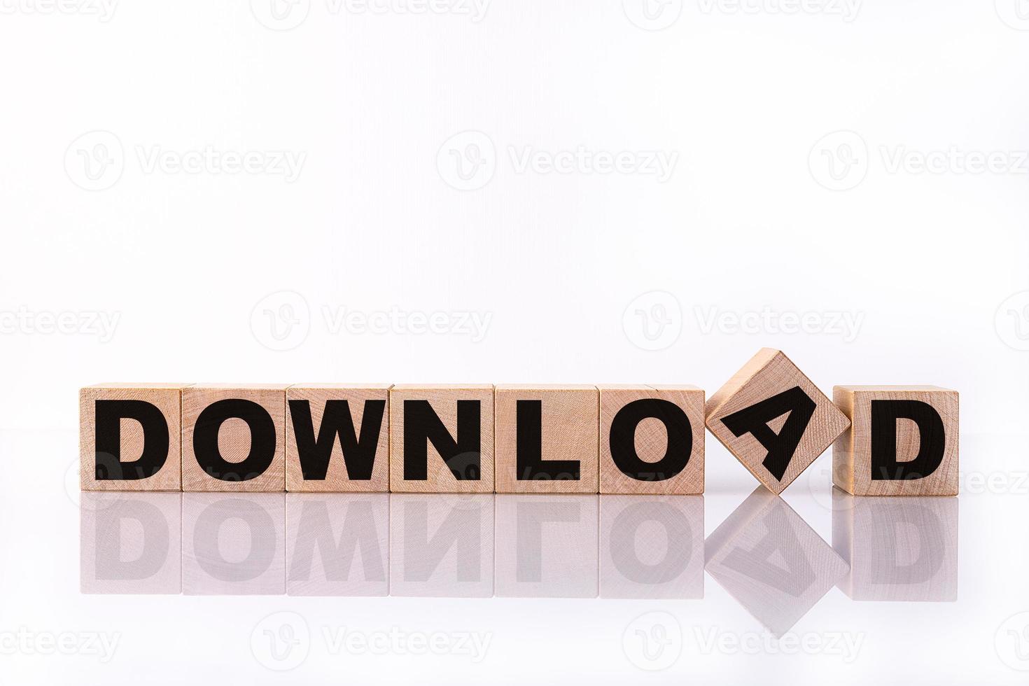 DOWNLOAD word, text, written on wooden cubes, building blocks, over white background with reflection. photo