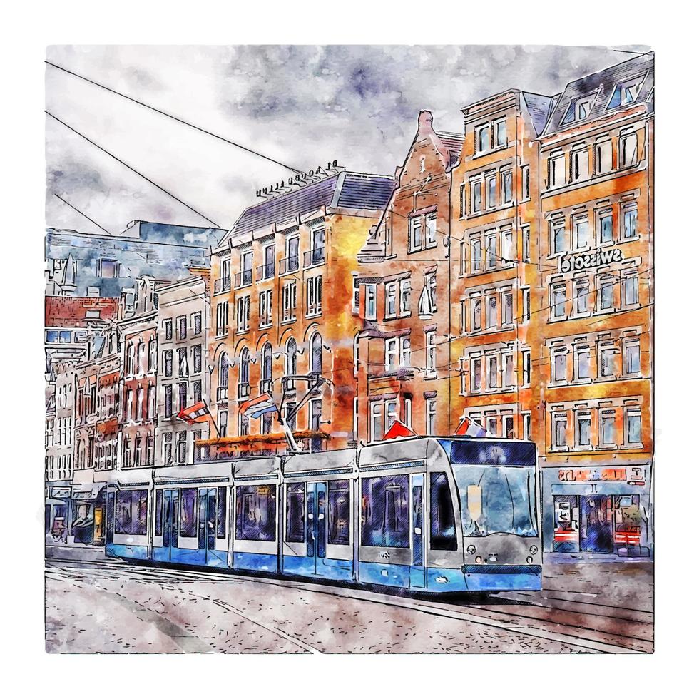 Amsterdam Netherlands Watercolor sketch hand drawn illustration vector