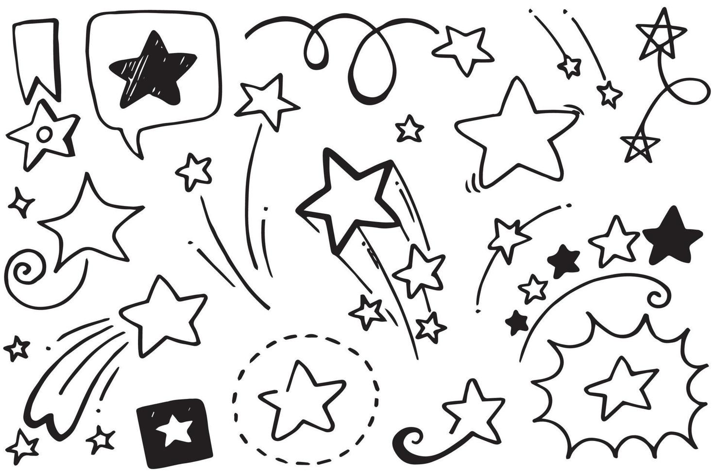 Set of black hand drawn doodle stars in isolated on white background. vector